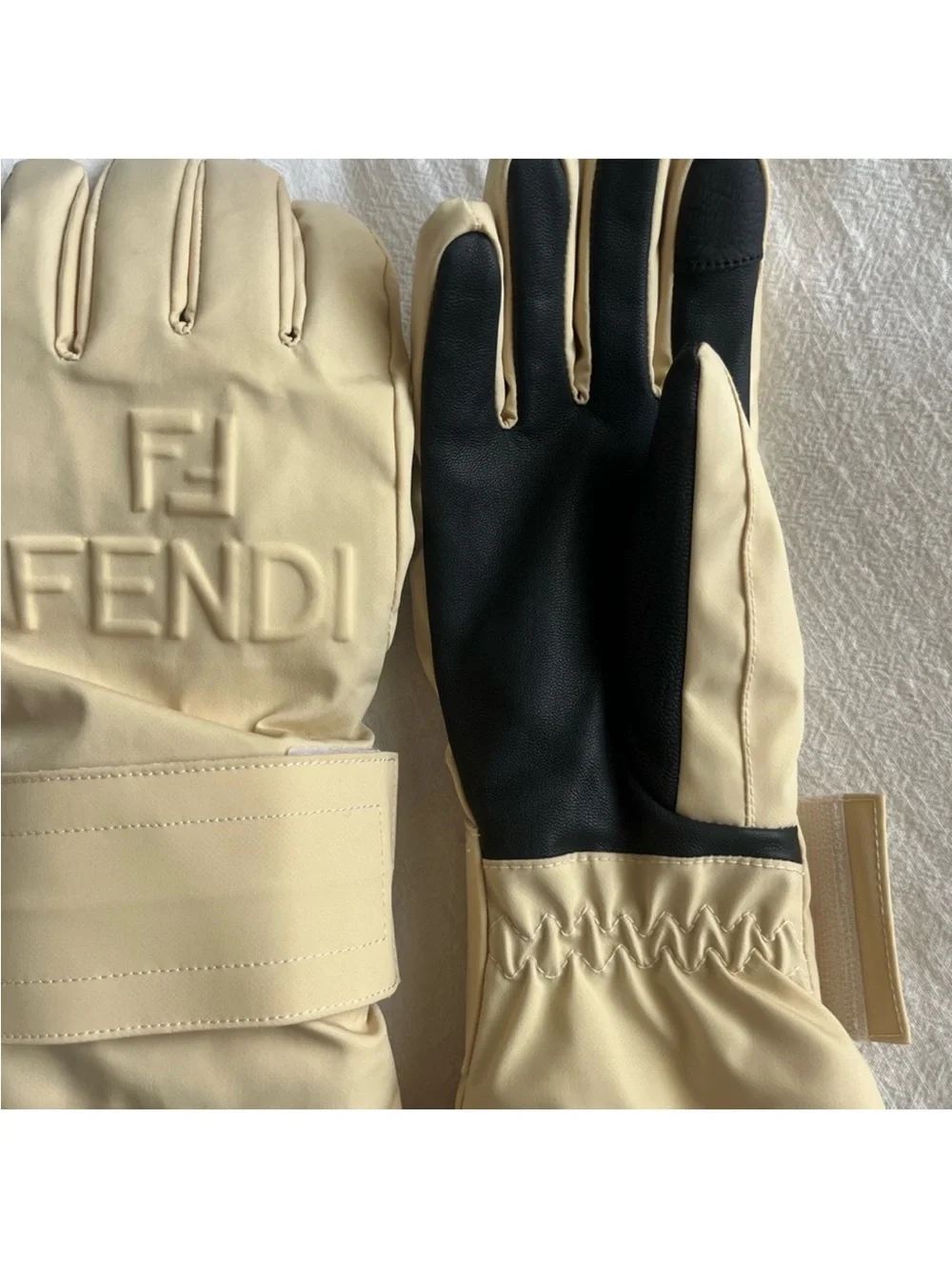 Fendi Beige Embossed Logo Ski Gloves